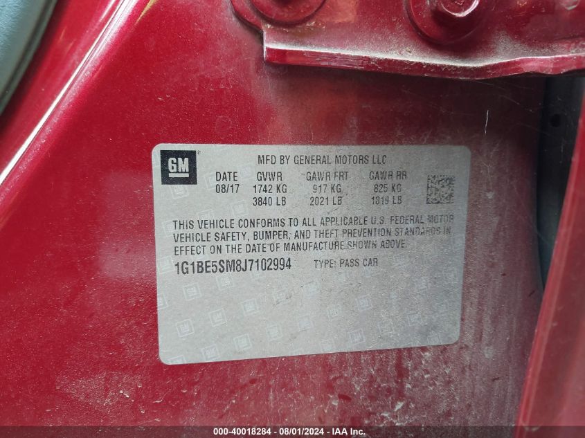 2018 Chevrolet Cruze Lt Auto VIN: 1G1BE5SM8J7102994 Lot: 40018284