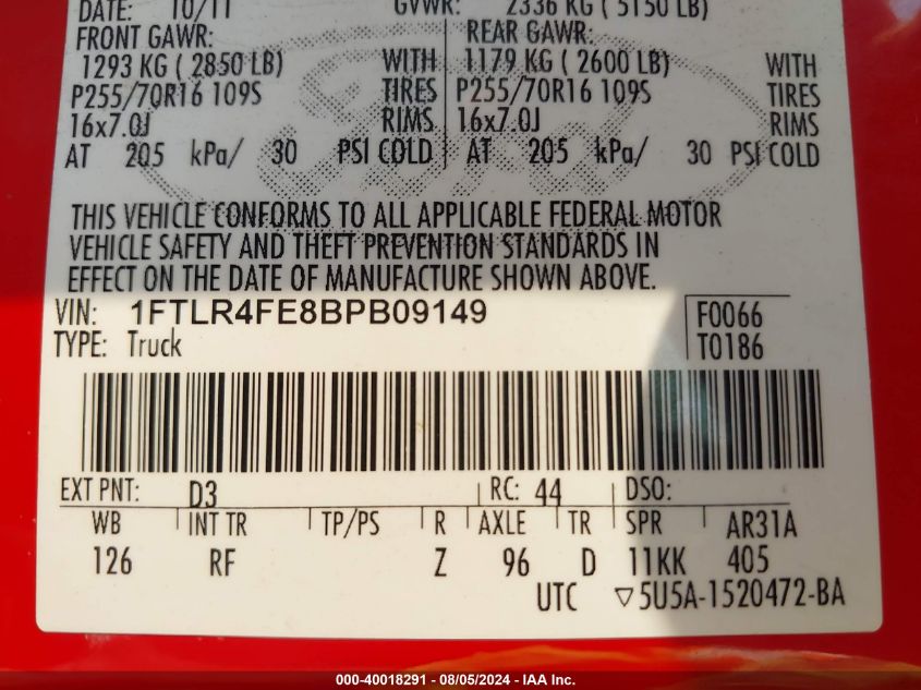 2011 Ford Ranger Sport VIN: 1FTLR4FE8BPB09149 Lot: 40018291
