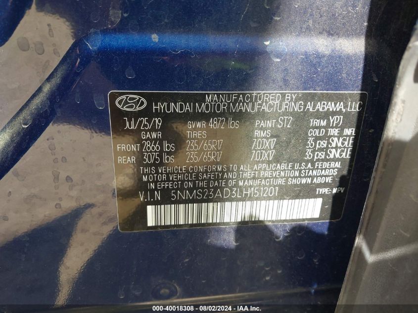 2020 Hyundai Santa Fe Se VIN: 5NMS23AD3LH151201 Lot: 40018308