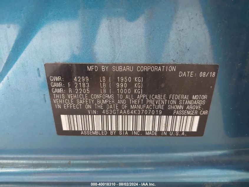 2019 Subaru Impreza VIN: 4S3GTAA64K3707019 Lot: 40018310
