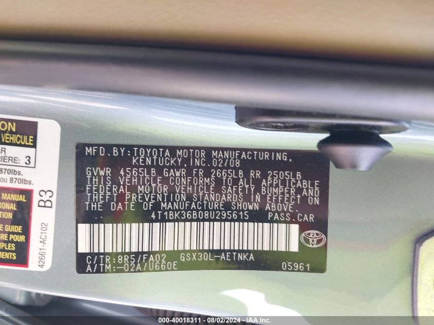2008 Toyota Avalon Xl VIN: 4T1BK36B08U295615 Lot: 40018311