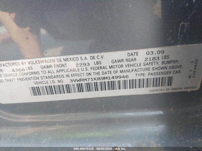 2009 Volkswagen Jetta Se VIN: 3VWRM71K89M149946 Lot: 40018329