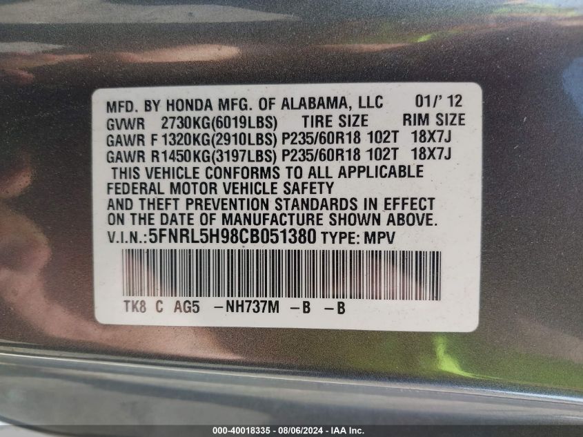 2012 Honda Odyssey Touring/Touring Elite VIN: 5FNRL5H98CB051380 Lot: 40018335