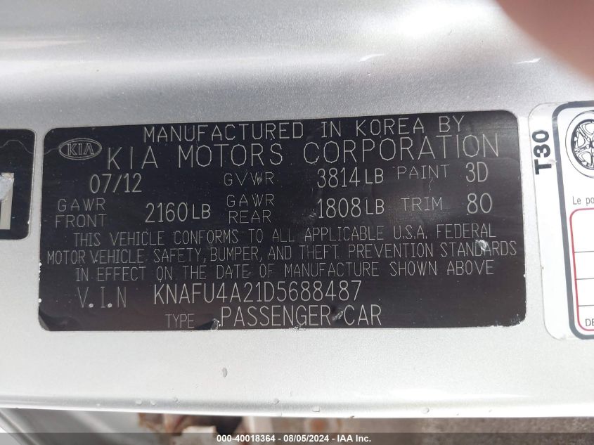 2013 Kia Forte Ex VIN: KNAFU4A21D5688487 Lot: 40018364