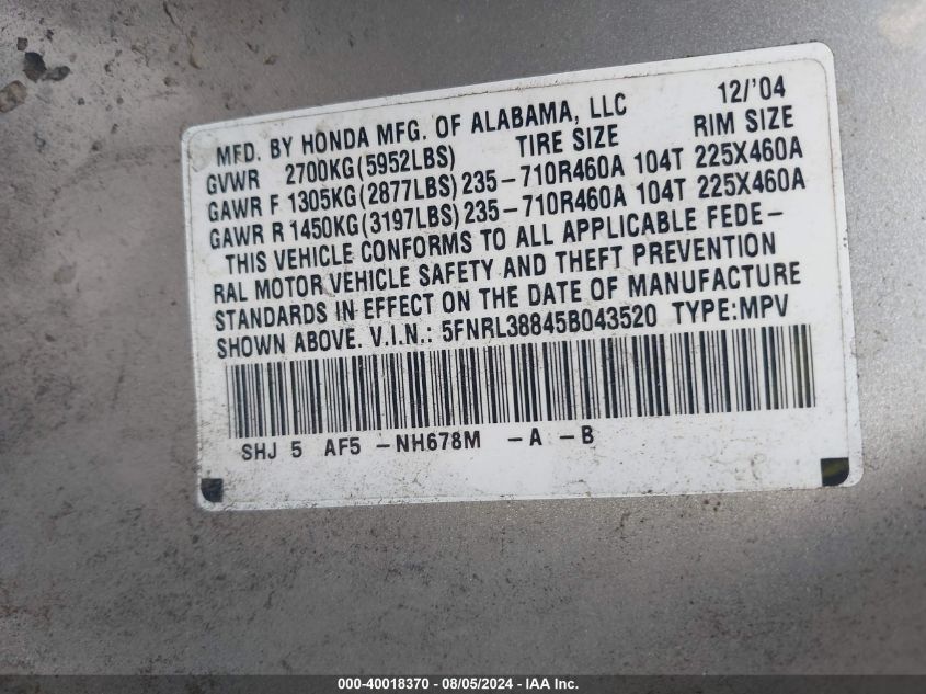 2005 Honda Odyssey Touring VIN: 5FNRL38845B043520 Lot: 40018370