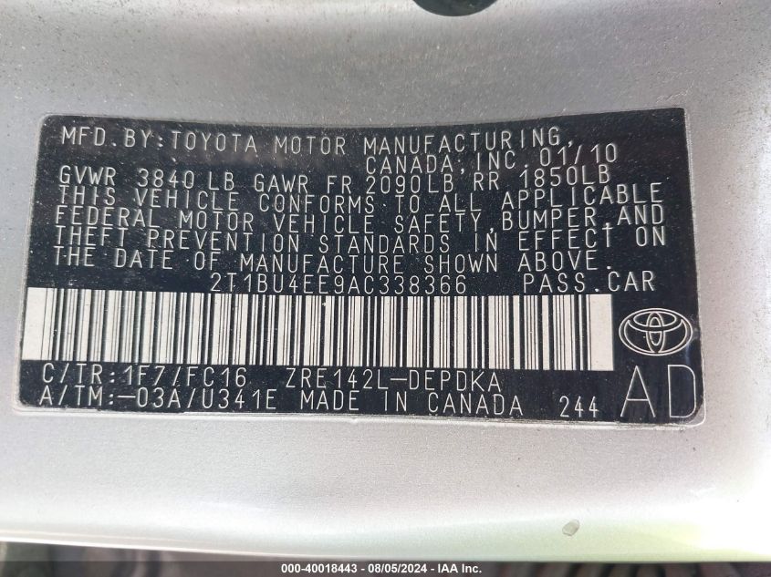 2010 Toyota Corolla S/Le/Xle VIN: 2T1BU4EE9AC338366 Lot: 40018443