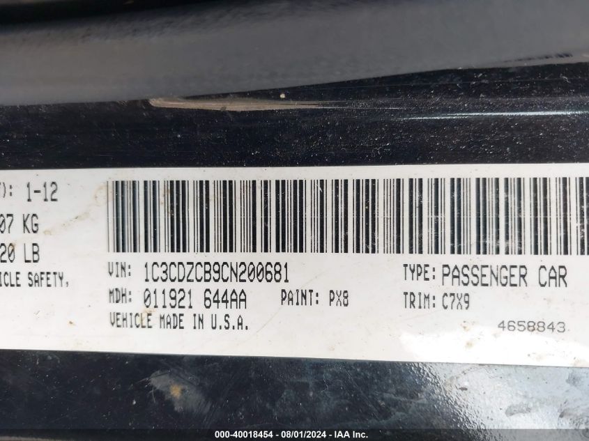 2012 Dodge Avenger Sxt VIN: 1C3CDZCB9CN200681 Lot: 40018454