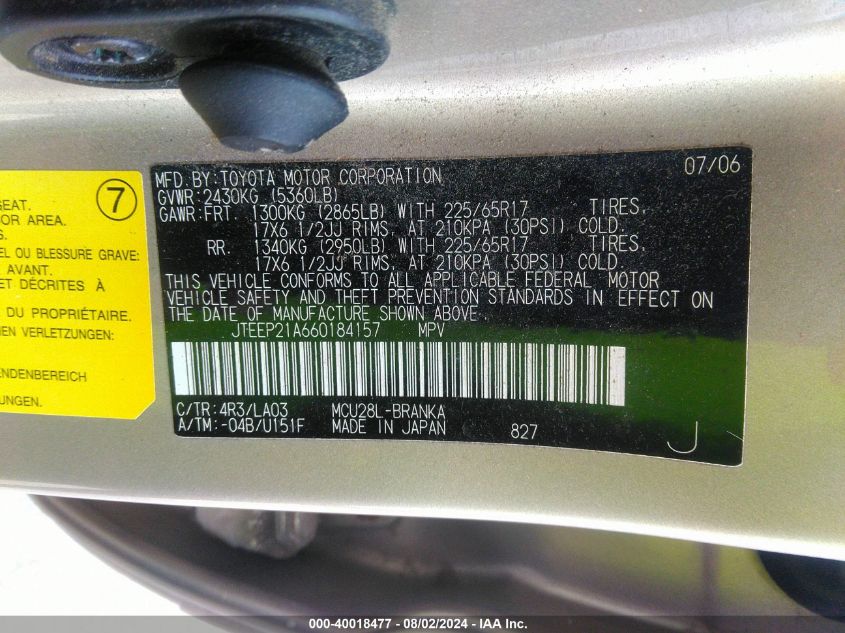 2006 Toyota Highlander Limited V6 VIN: JTEEP21A660184157 Lot: 40018477