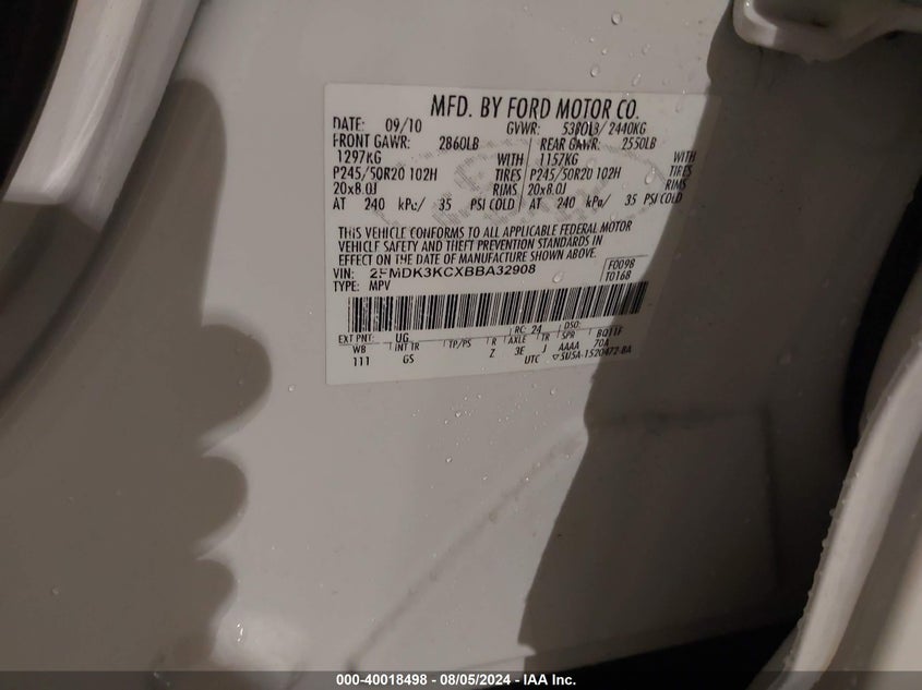 2011 Ford Edge Limited VIN: 2FMDK3KCXBBA32908 Lot: 40018498