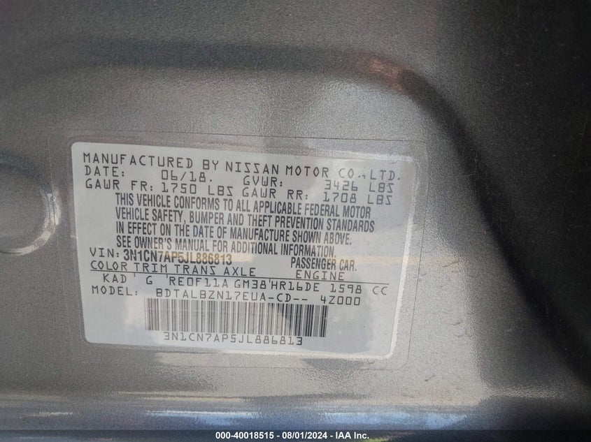 2018 NISSAN VERSA 1.6 SV - 3N1CN7AP5JL886813