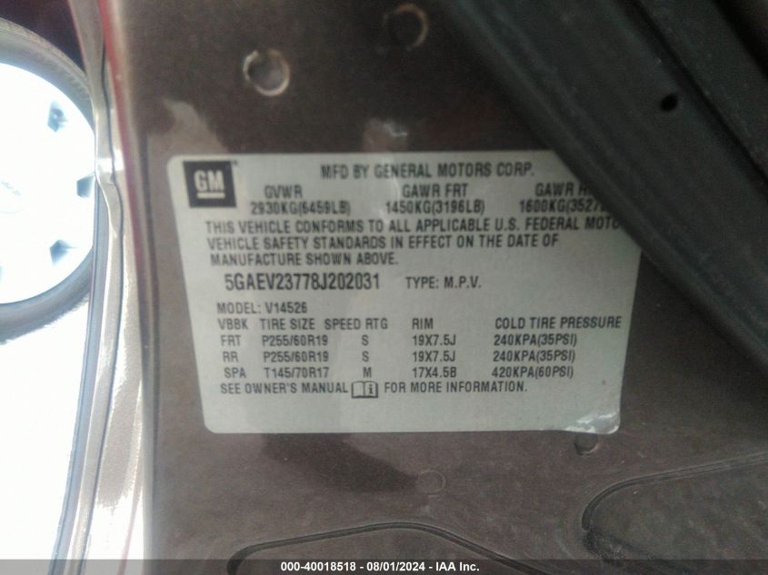 2008 Buick Enclave Cxl VIN: 5GAEV23778J202031 Lot: 40018518