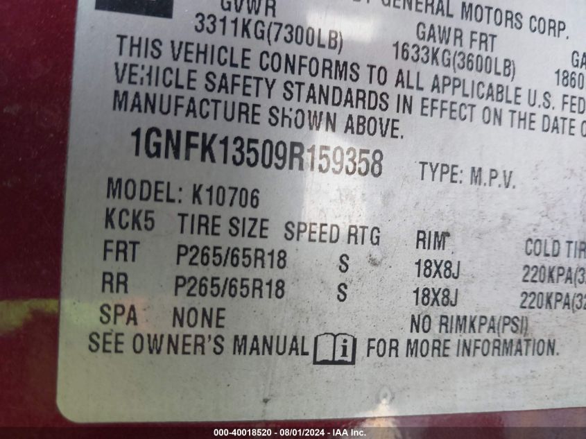 2009 Chevrolet Tahoe Hybrid VIN: 1GNFK13509R159358 Lot: 40018520