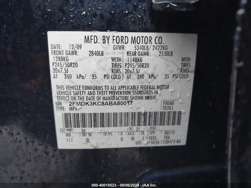 2010 Ford Edge Limited VIN: 2FMDK3KC8ABA80017 Lot: 40018523