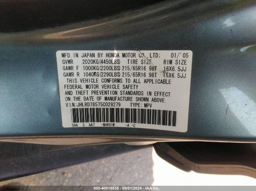 2005 Honda Cr-V Lx VIN: JHLRD78575C029279 Lot: 40018535