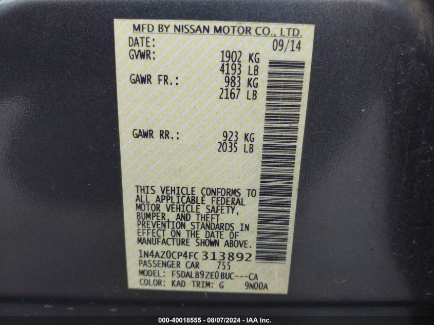 2015 Nissan Leaf S VIN: 1N4AZ0CP4FC313892 Lot: 40018555