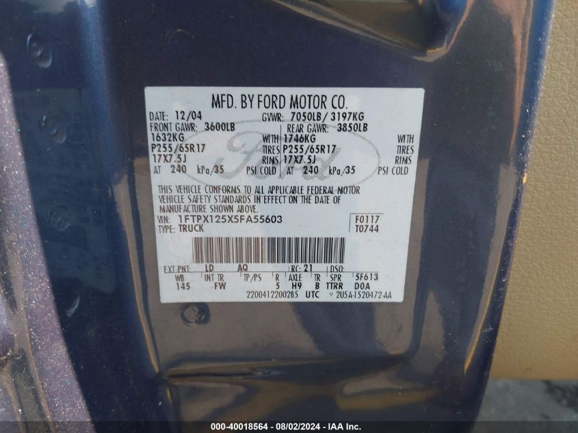 2005 Ford F150 VIN: 1FTPX125X5FA55603 Lot: 40018564