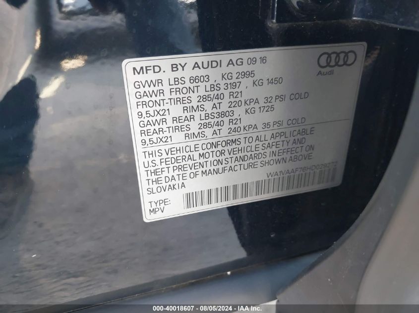 2017 Audi Q7 Prestige VIN: WA1VAAF76HD029272 Lot: 40018607