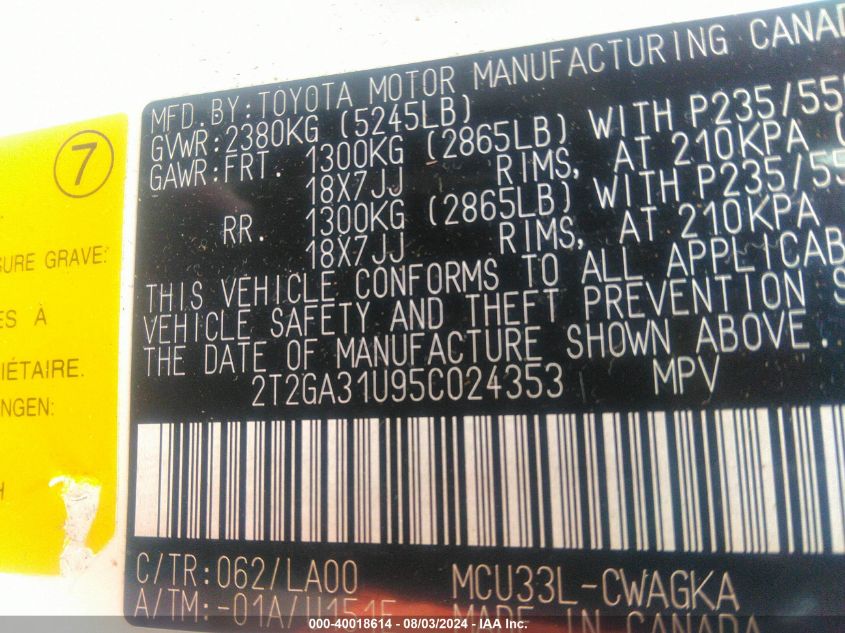 2005 Lexus Rx 330 VIN: 2T2GA31U95C024353 Lot: 40018614