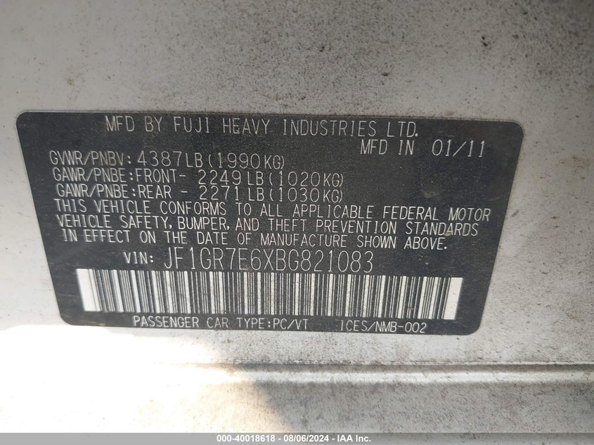 2011 Subaru Impreza Wrx VIN: JF1GR7E6XBG821083 Lot: 40018618