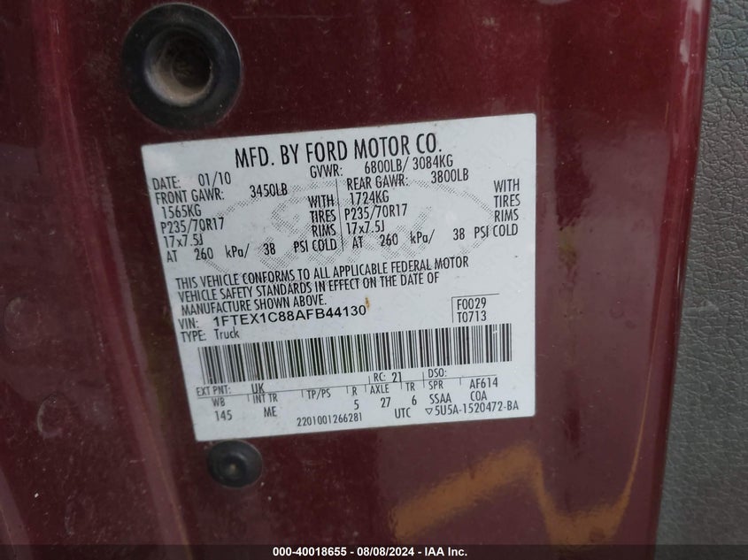 2010 Ford F-150 Fx2 Sport/Stx/Xl/Xlt VIN: 1FTEX1C88AFB44130 Lot: 40018655