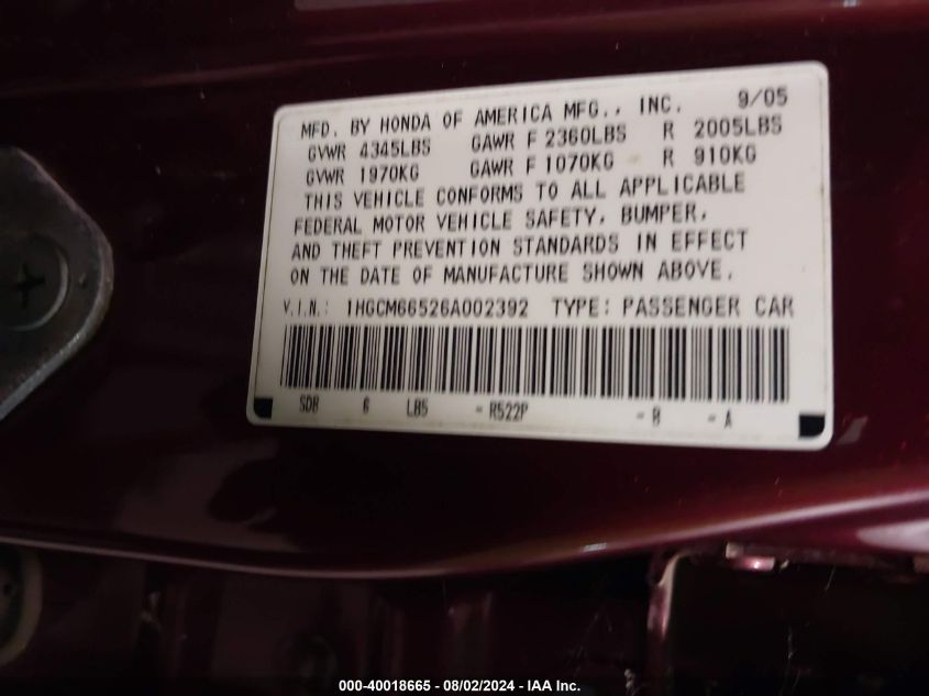 1HGCM66526A002392 | 2006 HONDA ACCORD