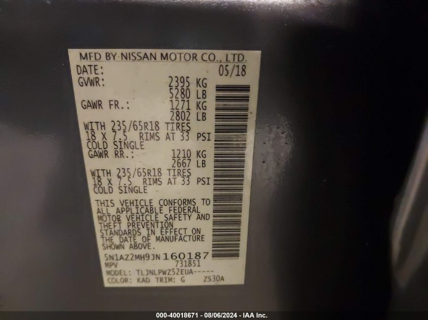 2018 Nissan Murano Platinum/S/Sl/Sv VIN: 5N1AZ2MH9JN160187 Lot: 40018671