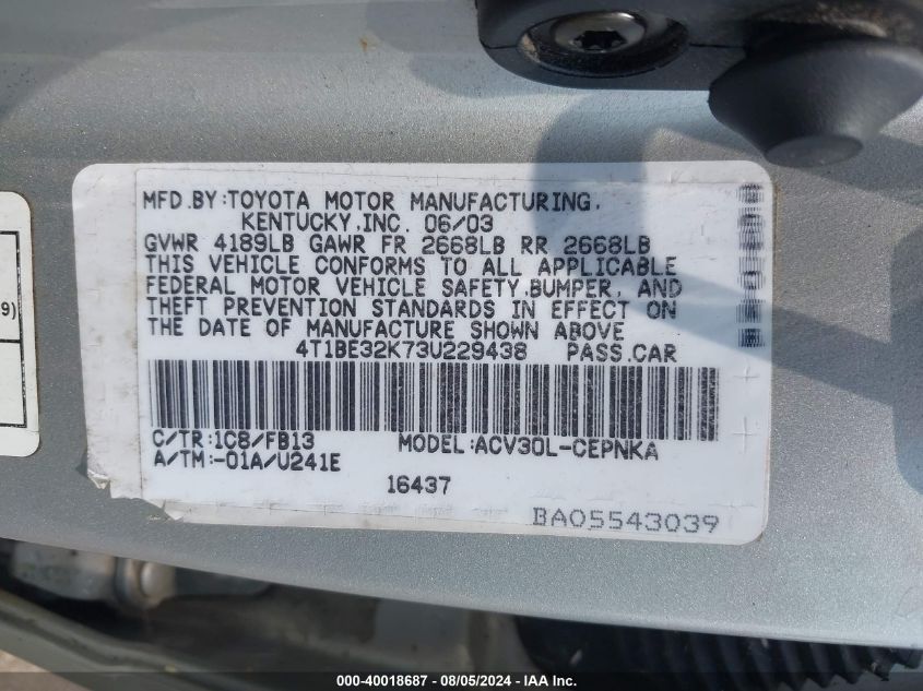 2003 Toyota Camry Le/Xle/Se VIN: 4T1BE32K73U229438 Lot: 40018687