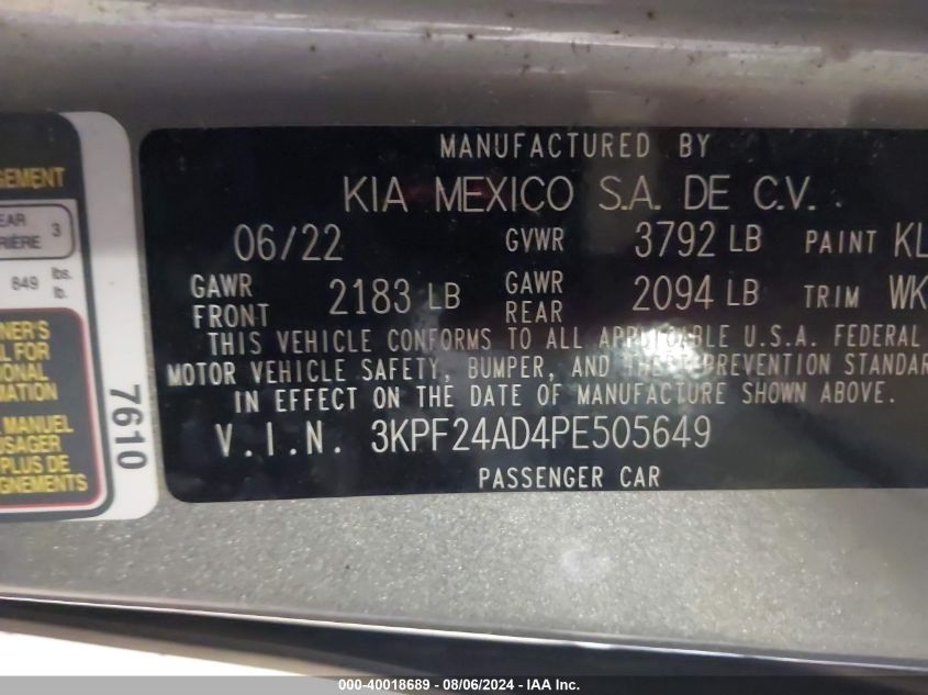 2023 Kia Forte Lxs VIN: 3KPF24AD4PE505649 Lot: 40018689