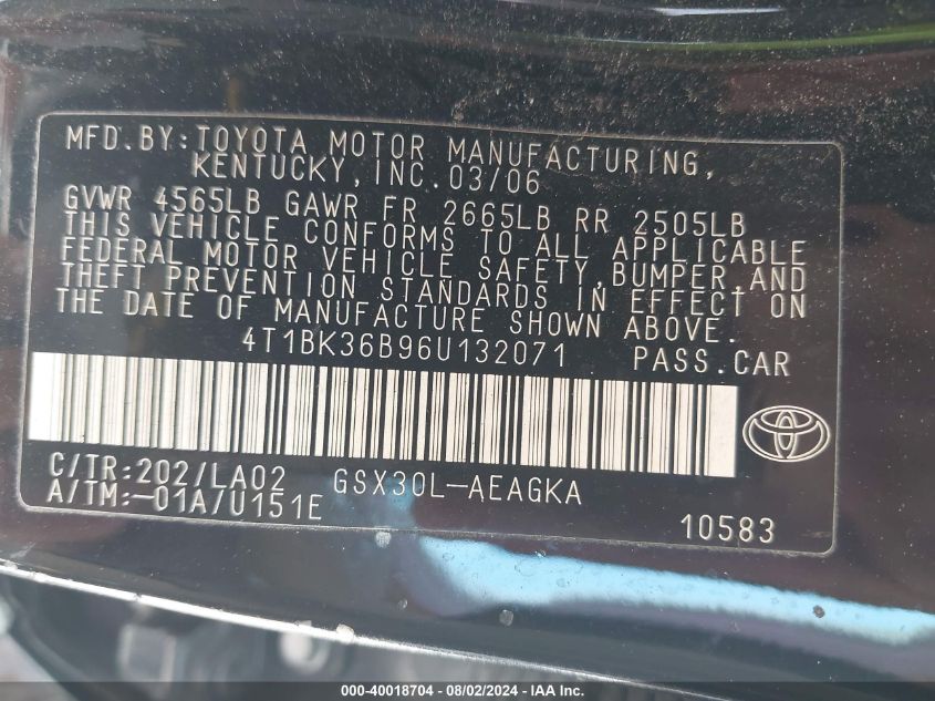 2006 Toyota Avalon Xls VIN: 4T1BK36B96U132071 Lot: 40018704