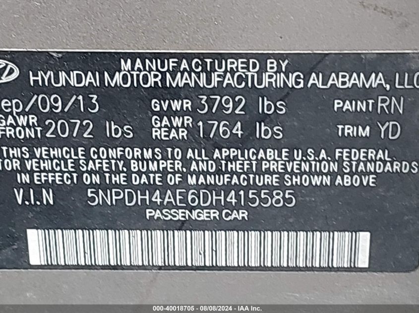 5NPDH4AE6DH415585 2013 Hyundai Elantra Gls