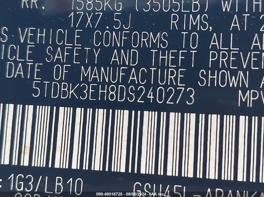 2013 Toyota Highlander Plus/Se VIN: 5TDBK3EH8DS240273 Lot: 40018725