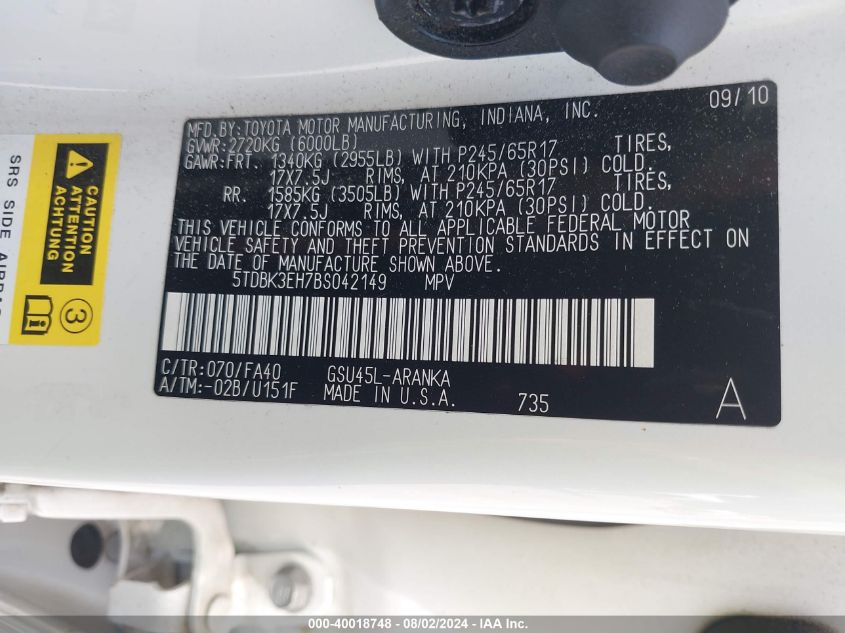 2011 Toyota Highlander Base V6 VIN: 5TDBK3EH7BS042149 Lot: 40018748