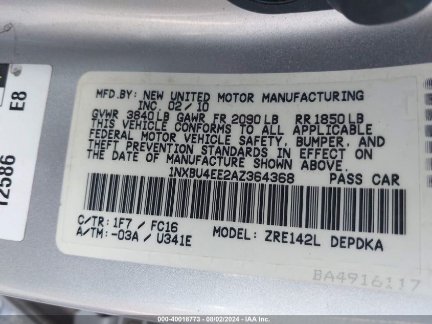 2010 Toyota Corolla Le VIN: 1NXBU4EE2AZ364368 Lot: 40018773