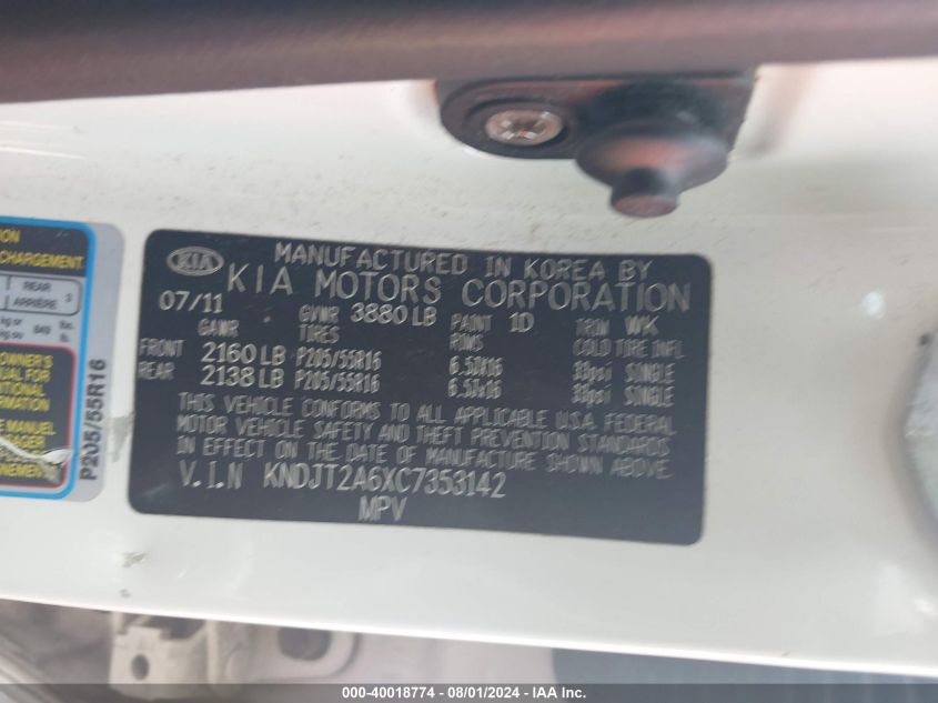 2012 Kia Soul + VIN: KNDJT2A6XC7353142 Lot: 40018774