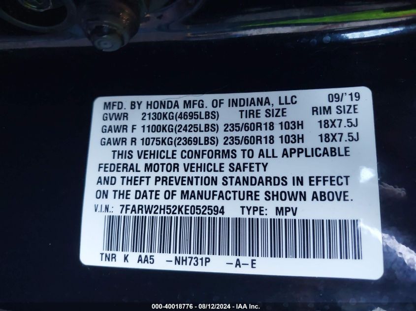 2019 Honda Cr-V Ex VIN: 7FARW2H52KE052594 Lot: 40018776