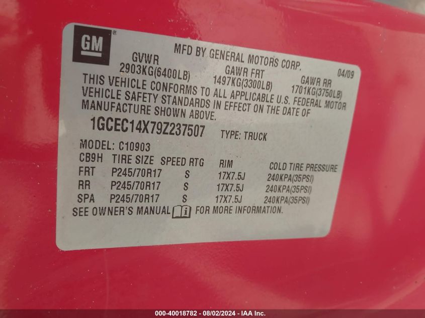 2009 Chevrolet Silverado 1500 Work Truck VIN: 1GCEC14X79Z237507 Lot: 40018782