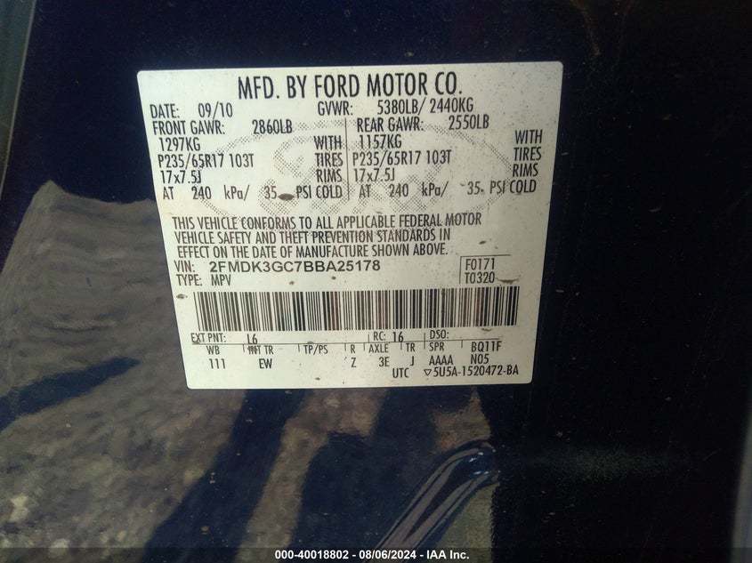 2011 Ford Edge Se VIN: 2FMDK3GC7BBA25178 Lot: 40018802