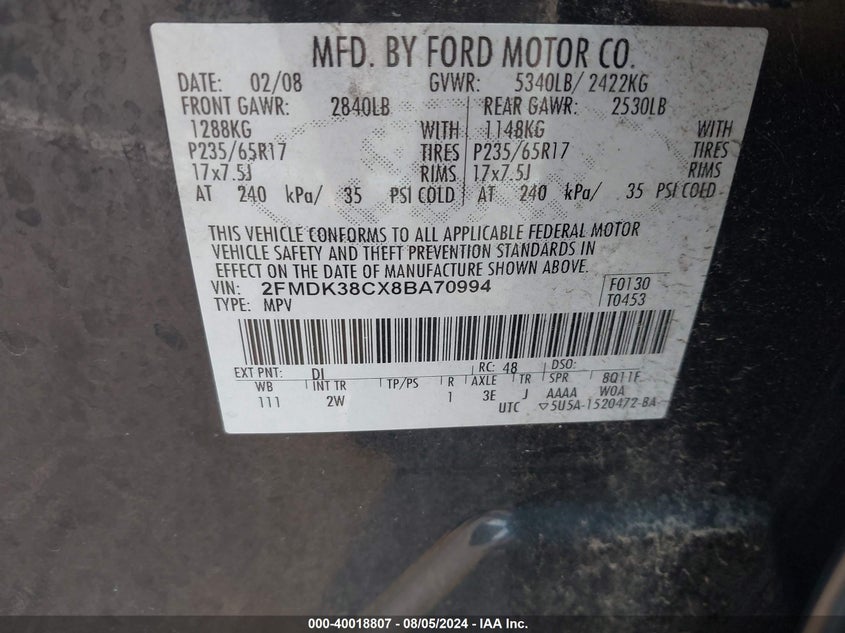 2008 Ford Edge Sel VIN: 2FMDK38CX8BA70994 Lot: 40018807