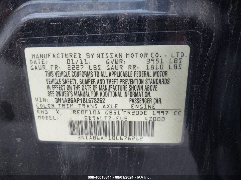 2011 Nissan Sentra 2.0S VIN: 3N1AB6AP1BL678262 Lot: 40018811
