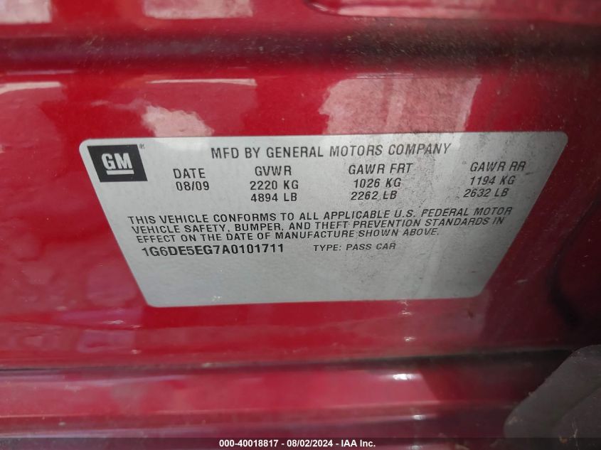 2010 Cadillac Cts Luxury VIN: 1G6DE5EG7A0101711 Lot: 40018817