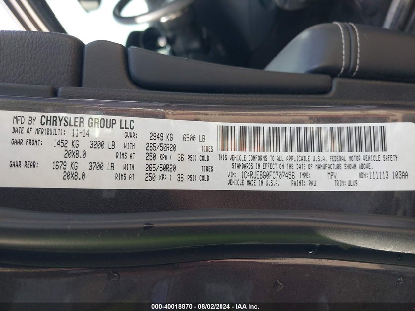 2015 JEEP GRAND CHEROKEE LIMITED - 1C4RJEBG0FC707456