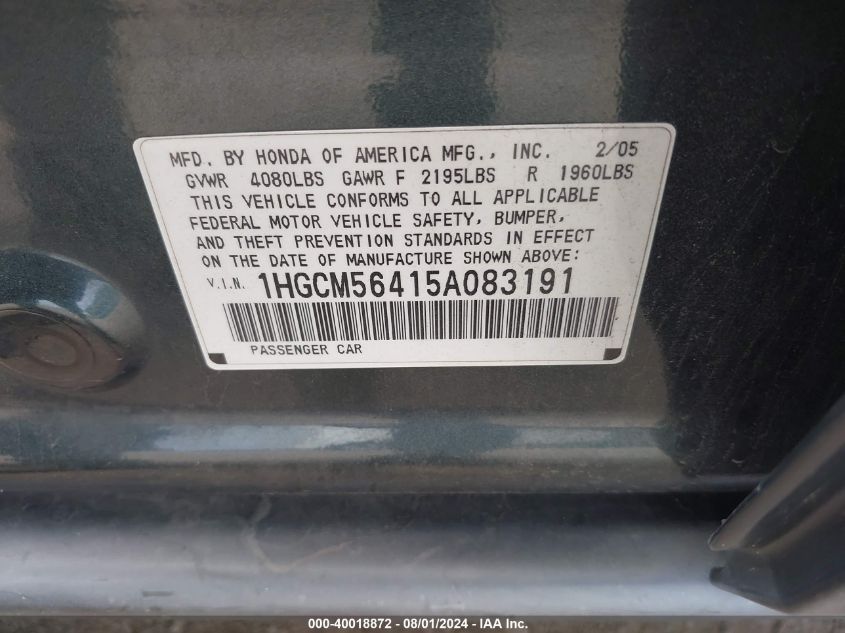 1HGCM56415A083191 | 2005 HONDA ACCORD