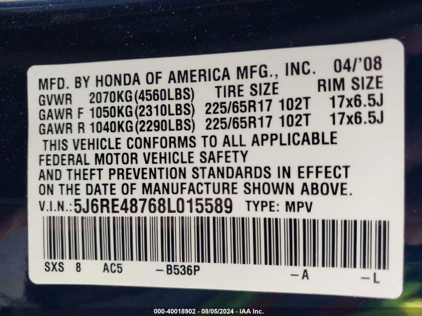 2008 Honda Cr-V Ex-L VIN: 5J6RE48768L015589 Lot: 40018902