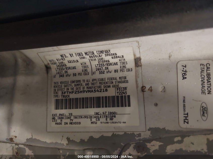1997 Ford F250 VIN: 3FTHF25H9VMA54218 Lot: 40018950