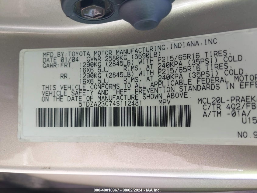 2004 Toyota Sienna Le VIN: 5TDZA23C74S112481 Lot: 40018967