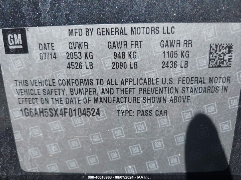 2015 Cadillac Ats Luxury VIN: 1G6AH5SX4F0104524 Lot: 40018968