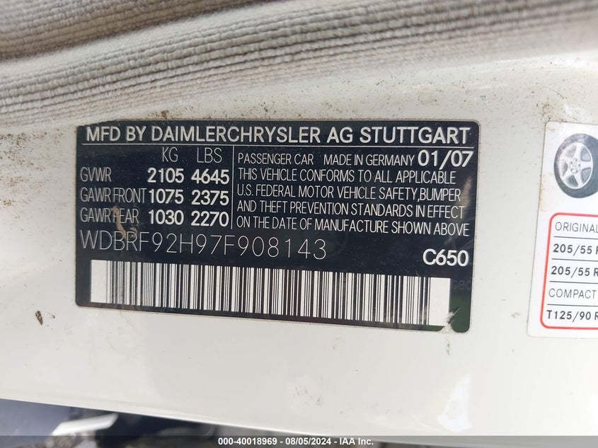 2007 Mercedes-Benz C 280 Luxury 4Matic VIN: WDBRF92H97F908143 Lot: 40018969