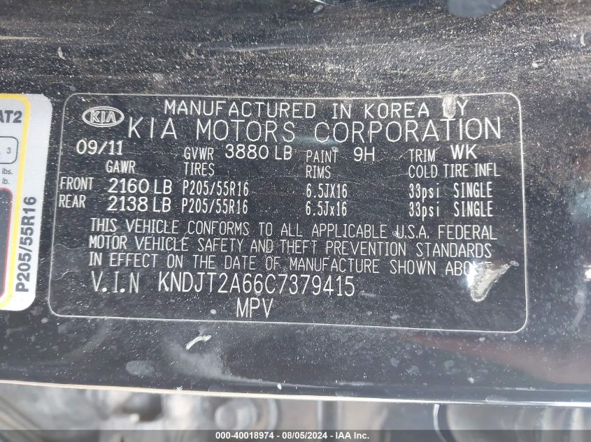 2012 Kia Soul + VIN: KNDJT2A66C7379415 Lot: 40018974