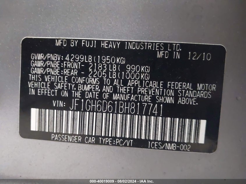 2011 Subaru Impreza Outback Sport VIN: JF1GH6D61BH817741 Lot: 40019009