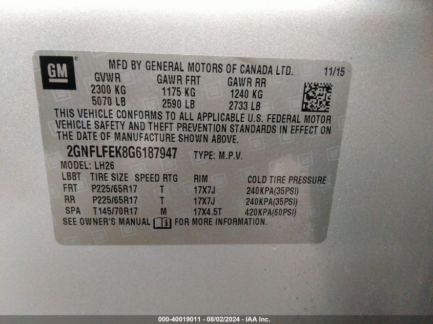 2016 Chevrolet Equinox Lt VIN: 2GNFLFEK8G6187947 Lot: 40019011